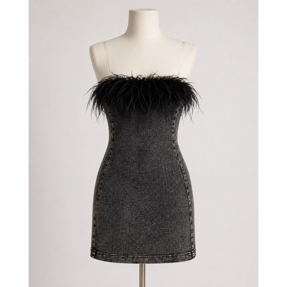 Salt Mini Dress Womens Medium Y2K Goth Glam Gray Acid Wash Feather Trim Bodycon